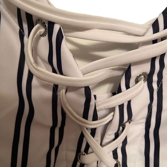Nautica Slimming White One Piece Swimsuit Black Vertical Stripes Lace Up Large - Picture 3 of 4